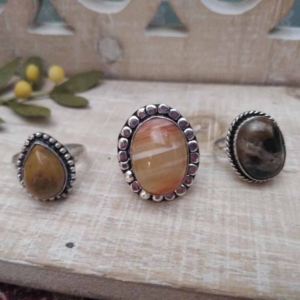 3 SET SILVER-STONE RINGS NWOT